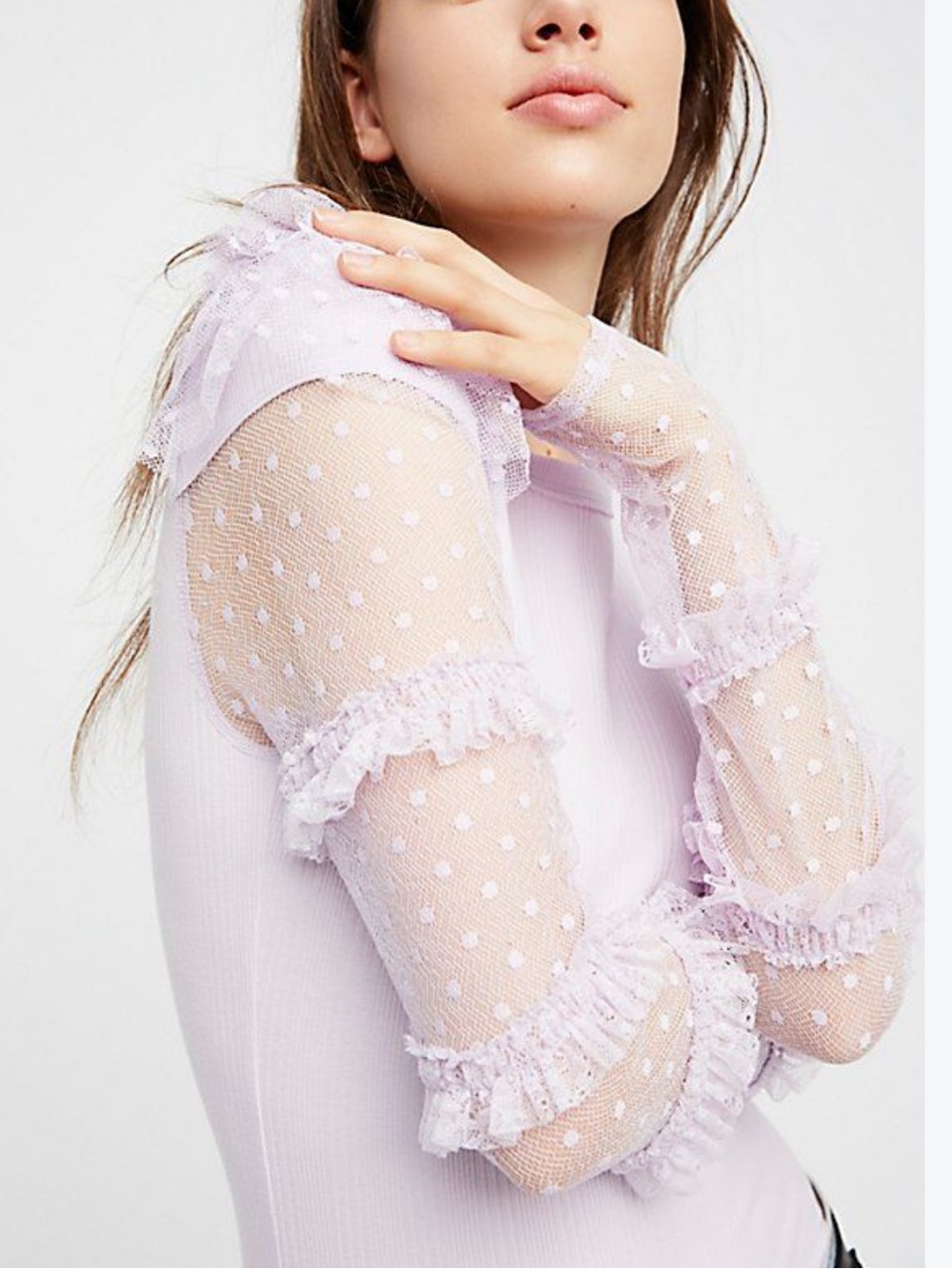 Free People lavender kiss kiss Ruffle lace mesh long sleeve x